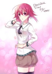 1girl :o brown_shorts chaos;child female_focus hand_in_own_hair highres necktie nishijou_myu onoe_serika pink_eyes pink_hair school_uniform short_hair_with_long_locks shorts sidelocks solo wind