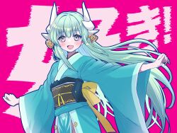 Rule 34 | 1girl, aqua hair, dragon girl, dragon horns, fate/grand order, fate (series), highres, horns, japanese clothes, kimono, kiyohime (fate), long hair, looking at viewer, obi, open mouth, sash, smile, solo, very long hair, wide sleeves, yamuimo, yellow eyes