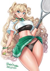 Rule 34 | 1girl, absurdres, ball, black panties, blonde hair, commentary request, contrast collar, covered underboob, dated, green skirt, grey eyes, highres, holding, holding ball, holding tennis racket, kantai collection, katou shinobu, long hair, looking at viewer, minneapolis (kancolle), minneapolis (tennis) (kancolle), official alternate costume, one-hour drawing challenge, panties, pleated skirt, polo shirt, racket, shirt, simple background, skirt, smile, solo, sports bra, sportswear, tennis ball, tennis racket, tennis skirt, tennis uniform, tongue, tongue out, twitter username, two side up, underwear, wavy hair, white background, white shirt
