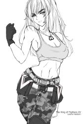 1girl bare_shoulders breasts camouflage camouflage_pants character_name dog_tags gloves greyscale hair_down hair_tie highres holding holding_hair_tie ikari_hime leona_heidern long_hair midriff monochrome navel pants pouch sleeveless soldier solo tank_top the_king_of_fighters the_king_of_fighters_xv