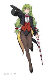 1girl beads black_coat black_leotard bow bowtie clothing_request coat fang green_hair hair_beads hair_ornament hat holding holding_umbrella kufufu_kekerakera leotard long_hair looking_at_viewer open_mouth pantyhose red_bow shy_(series) simple_background takatisakana top_hat umbrella unworn_headwear white_background yellow_eyes