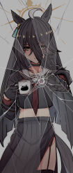 1girl ahoge animal_ears black_gloves black_hair black_thighhighs blue_archive brown_eyes choker crack cracked_glass cup earrings firing fourth_wall garter_straps gloves gun hair_between_eyes halo handgun highres holding holding_cup holding_gun holding_weapon horse_ears horse_girl jewelry kawamochi_(tddm3573) long_hair long_skirt looking_at_viewer manhattan_cafe_(umamusume) midriff multicolored_hair navel pleated_skirt school_uniform serafuku simple_background skirt solo thighhighs two-tone_hair umamusume weapon white_background white_hair