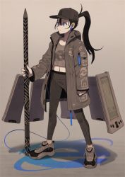 1girl baseball_cap black_hair blue_eyes breasts brown_theme closed_mouth coat collarbone earrings female_focus floating floating_object hair_between_eyes hat highres holding holding_stylus internet_explorer jewelry leggings long_hair long_sleeves monochrome navel open_clothes open_coat original pda personification shoes simple_background small_breasts sneakers solo spot_color standing stylus tomioka_jirou