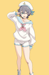1girl alternate_costume anchor_symbol aqua_eyes black_hair blue_ribbon feet_out_of_frame hat hat_ribbon highres jack_(wkm74959) long_sleeves looking_at_viewer murasa_minamitsu neckerchief one-hour_drawing_challenge one_eye_closed red_neckerchief ribbon sailor_hat shirt shoes short_hair smile solo standing touhou v v_over_eye white_hat white_shirt white_shoes yellow_background