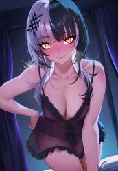 1girl bedroom black_hair blush breasts cleavage hand_on_own_hip heavy_breathing hololive hololive_english indoors kguy1920 lingerie looking_at_viewer medium_breasts multicolored_hair see-through_clothes shiori_novella smile underwear white_hair yellow_eyes