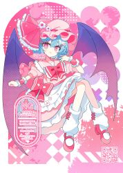 Rule 34 | 1girl, apron, blue hair, blush, bow, bowtie, bright pupils, closed mouth, commentary, frilled apron, frilled ribbon, frilled skirt, frills, full body, hand up, hat, hat ribbon, highres, looking at viewer, mob cap, pink eyes, pink hat, pink skirt, pink wrist cuffs, puffy short sleeves, puffy sleeves, qr code, red bow, red bowtie, red ribbon, red shoes, remilia scarlet, ribbon, shirocha tei, shirt, shoes, short hair, short sleeves, skirt, smile, socks, solo, touhou, twitter username, waist apron, watermark, white apron, white shirt, white socks, wrist cuffs
