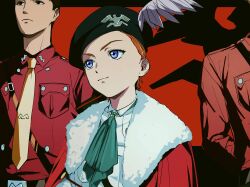 1girl 2boys amikoiiko arms_behind_back ascot belt belt_buckle beret bird black_background black_belt breast_pocket brown_hair buckle cape closed_mouth commentary dress_shirt eagle facing_to_the_side green_ascot green_hat guard gundam gundam_wing hat hat_feather highres initial light_smile mariemaia_khushrenada multiple_boys necktie orange_hair pink_cape pocket portrait purple_eyes red_background red_shirt shirt short_hair shoulder_belt sternocleidomastoid_muscle upper_body white_shirt yellow_necktie