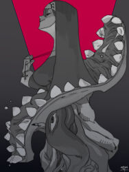 1girl 2017 closed_eyes cross cross_necklace double_(skullgirls) extra_eyes extra_mouth from_side grey_background greyscale jewelry monochrome necklace nun oko_(ocotaros) red_background red_eyes skullgirls smile solo spot_color
