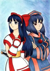 Rule 34 | 2girls, ainu clothes, artist name, blue hair, breasts, clenched hand, crossed arms, expressionless, fingerless gloves, gloves, grey eyes, hair ribbon, hand on own chest, highres, long hair, medium breasts, multiple girls, nakoruru, parted lips, red eyes, rera, ribbon, samurai spirits, short hair, snk, traditional media, weapon