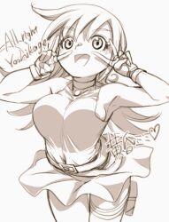 1girl belt breasts double_v dress duel_masters fingerless_gloves gloves greyscale long_hair looking_at_viewer medium_breasts monochrome open_mouth pouch short_dress simple_background sleeveless smile solo standing tasogare_mimi thigh_pouch v white_background yoshikage_(yo4kage)