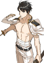 Rule 34 | 1boy, abs, absurdres, axis powers hetalia, belt, black belt, black hair, brown eyes, buttons, closed mouth, collarbone, donki (dnkfuaka1), floating clothes, floating hair, highres, holding, holding sword, holding weapon, jacket, japan (hetalia), katana, long sleeves, looking at viewer, male focus, midriff sarashi, military jacket, military uniform, muscular, muscular male, nipples, open clothes, open jacket, pants, pectorals, sarashi, short hair, simple background, solo, sword, weapon, white background, white jacket, white pants