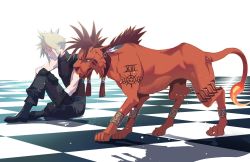 2boys animal_hands belt blonde_hair boots bracelet checkered_floor closed_eyes cloud_strife cofffee earrings fiery_tail final_fantasy final_fantasy_vii final_fantasy_vii_remake gloves jewelry multiple_boys red_fur red_xiii spiked_hair square_enix suspenders tail tattoo turtleneck yellow_eyes