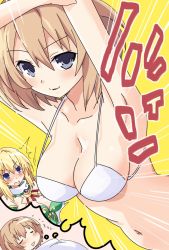 2girls alternate_breast_size bare_shoulders bikini bikini_top_only blanc_(neptunia) blonde_hair blue_eyes blush breasts brown_hair dreaming emphasis_lines envy highres iwashi_dorobou_-r- large_breasts long_hair multiple_girls navel neptune_(series) sleeping smile swimsuit vert_(neptunia) white_bikini