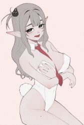 Rule 34 | 1girl, :d, anemoneeanemone, arms under breasts, bare arms, bare legs, bare shoulders, between breasts, black eyes, blunt bangs, borrowed character, breasts, commentary, detached collar, double-parted bangs, english commentary, grey hair, hair ornament, hairclip, highres, large breasts, leotard, long hair, long pointy ears, looking at viewer, mavie (justadrian), mole, mole on arm, mole on thigh, mole under eye, mole under mouth, multiple moles, necktie, necktie between breasts, open mouth, original, pale skin, pink background, pointy ears, rabbit tail, red necktie, simple background, smile, solo, strapless, strapless leotard, tail, white leotard