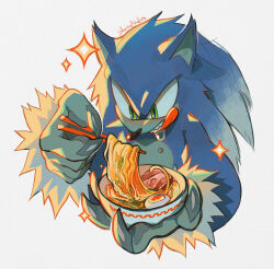 1boy absurdres animal_ears animal_nose artist_name bowl chopsticks commentary drooling egg_(food) english_commentary fingernails food furry furry_male green_eyes highres holding holding_bowl holding_chopsticks licking_lips male_focus noodles ramen saliva sharp_fingernails signature simple_background solo sonic_(series) sonic_the_hedgehog sonic_the_werehog sonic_unleashed straybird25 tongue tongue_out upper_body werehog white_background