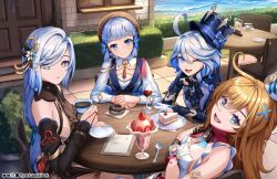 4girls absurdres ahoge artist_name ascot asymmetrical_gloves ayaka_(genshin_impact) black_bow black_bowtie black_gloves black_sleeves blonde_hair blue_ascot blue_eyes blue_gemstone blue_hair blue_nails blue_pupils bluesky_logo blunt_tresses bow bowtie breasts butterfly_hair_ornament cake cake_slice cleavage closed_mouth commentary commentary_request cup day detached_sleeves donut drop-shaped_pupils english_commentary escoffier_(genshin_impact) fingernails food fruit furina_(genshin_impact) gem genshin_impact gloves grey_hair hair_between_eyes hair_ornament hair_over_one_eye heart heart_in_eye highres holding holding_cup holding_saucer instagram_logo kamisato_ayaka kamisato_ayaka_(springbloom_missive) long_hair long_sleeves looking_at_viewer medium_breasts medium_hair mismatched_gloves mixed-language_commentary multicolored_hair multiple_girls nail_polish official_alternate_costume open_mouth outdoors parfait parted_lips pixiv_logo ryo-suzuki saucer shenhe_(frostflower_dew)_(genshin_impact) shenhe_(genshin_impact) smile spoon strawberry streaked_hair symbol-shaped_pupils symbol_in_eye teacup twitter_logo very_long_hair white_gloves white_hair