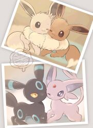 ;3 alternate_color brown_sclera closed_mouth colored_sclera eevee espeon forehead_jewel forked_tail gen_1_pokemon gen_2_pokemon highres looking_at_viewer mkt_(buizu-miki) neck_fur nintendo no_humans one_eye_closed photo_(object) pokemon purple_sclera shiny_pokemon tail umbreon watermark yellow_sclera
