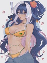 1girl artist_name bikini black_hair body_markings brazilian_flag brazilian_flag_bikini breasts colored_inner_hair earrings eyelashes facial_mark flag_print flag_print_bikini flower hair_flower hair_ornament heart highres indie_virtual_youtuber jewelry long_hair multicolored_hair navel parted_lips pink_hair print_bikini purple_eyes red_flower shylily side-tie_bikini_bottom solo streaked_hair sunpie313 swimsuit virtual_youtuber white_hair yellow_bikini
