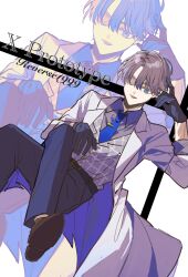 1boy ;p alternate_costume black_gloves black_pants blue_eyes blue_necktie brown_shoes character_name coat collared_shirt copyright_name crossed_legs dutch_angle gloves grey_hair grey_shirt grey_vest hand_on_own_head highres invisible_chair lab_coat li_ru_(li_ru) looking_at_viewer male_focus necktie one_eye_closed pants reverse:1999 shirt shoes short_hair sitting solo tongue tongue_out vest waistcoat white_coat x_(reverse:1999) zoom_layer