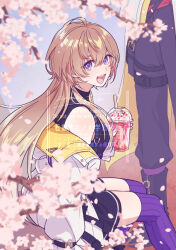 1boy 1girl :d ahoge artist_name black_pants black_shirt black_skirt blonde_hair blurry blurry_foreground branch breasts cherry_blossoms coat cup day disposable_cup drink drinking_straw eyelashes falling_petals fingernails flower fura_kanato fura_kanato_(1st_costume) genderswap genderswap_(mtf) hair_between_eyes hand_up hashtag-only_commentary highres holding holding_cup kana_(fura_kanato) long_hair looking_at_viewer looking_to_the_side mapogeso medium_breasts multicolored_hair nail_polish nijisanji off_shoulder open_clothes open_coat open_mouth orange_hair outdoors pants petals pink_flower pink_nails purple_eyes purple_thighhighs ribbed_thighhighs shirt signature sitting skirt sleeveless sleeveless_shirt smile standing streaked_hair teeth thigh_strap thighhighs turtleneck twitter_username two-sided_coat two-sided_fabric very_long_hair virtual_youtuber watermark white_coat