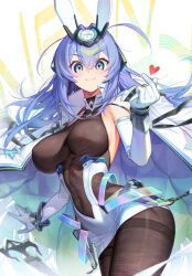 1girl :3 absurdly_long_hair absurdres animal_ears arm_strap azur_lane blue_eyes blue_hair bodystocking breasts dl_(dl_6ix) fake_animal_ears finger_heart heart highres large_breasts long_hair new_jersey_(azur_lane) rabbit_ears smile solo very_long_hair