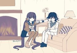 1boy 1girl black_hair black_sailor_collar black_shoes brown_shoes checkered_neckerchief checkered_pillow danganronpa_(series) danganronpa_v3:_killing_harmony expressionless hair_ornament hairclip harukawa_maki highres indoors jacket miniskirt neckerchief oma_kokichi pants pleated_skirt punching red_scrunchie red_thighhighs sailor_collar satori_(aosky9077) scrunchie shoes sitting skirt thighhighs white_jacket white_pants