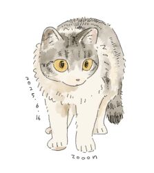 animal_focus artist_name cat closed_mouth colored_sclera dated full_body grey_cat highres no_humans orange_sclera original pale_color simple_background solo white_background zon_(zooonzoonzon)