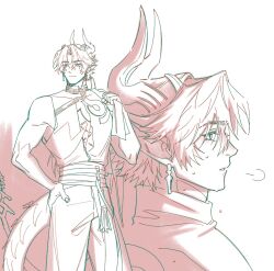 Rule 34 | 1boy, arknights, chongyue (arknights), closed mouth, commentary request, cowboy shot, dragon boy, dragon horns, dragon tail, earrings, hand on own hip, hand up, highres, holding, holding towel, horns, jewelry, korean commentary, long hair, looking at viewer, low ponytail, male focus, monochrome, multiple views, nills, parted lips, pointy ears, ponytail, puff of air, simple background, sleeveless, smile, standing, sweat, tail, towel, white background