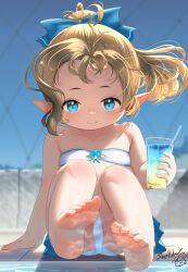 bad_id bad_pixiv_id barefoot bikini blonde_hair blue_eyes closed_mouth cup drinking_glass final_fantasy final_fantasy_xiv flat_chest floating_hair highres holding holding_cup knees_up krile_baldesion_(ff14) lalafell looking_at_viewer pointy_ears ponytail shelldy swimsuit toes white_bikini