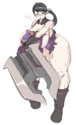 1girl absurdres bamman black_hair boots breasts cattleya_(queen&#039;s_blade) commentary commentary_request flying_sweatdrops glasses gloves highres holding holding_weapon huge_breasts huge_weapon looking_ahead mature_female open_mouth plump ponytail queen&#039;s_blade revealing_clothes sideboob simple_background solo steam sweat sword thick_thighs thighs underwear weapon white_background