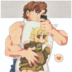 1boy 1girl :o ahoge ass ass_blush beard beard_stubble biceps black_panties black_pants blonde_hair blue_eyes blush body_freckles bottomless brown_eyes brown_hair character_request chibi constricted_pupils dakimakura_(medium) dakimakura_(object) detached_ahoge ears_visible_through_hair facial_hair freckles furrowed_brow green_jacket heart holding holding_phone holding_pillow hug jacket looking_back marichka messy_hair military_jacket muscular muscular_male neiroval open_mouth original panties pants phone pillow russo-ukrainian_war selfie short_hair simple_background soldier speech_bubble stray_hair stubble tank_top tryzub ukraine ukrainian_flag underwear white_background