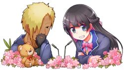 1boy 1girl arce_luna_0031 beard black_eyes black_facial_hair black_hair blonde_hair blue_jacket bow bowtie braid chest_hair colored_inner_hair connected_beard cropped_torso crossed_arms dark_skin facial_hair flower grey_eyes grin hair_ornament hair_over_one_eye hair_ribbon hairpin half_up_braid highres jacket leaning_forward long_hair long_kantoraketti looking_at_viewer microphone multicolored_hair multiple_hairpins mustache nijisanji pink_bow pink_bowtie pink_flower pink_hair pink_ribbon red_bow red_bowtie ribbon second-party_source short_hair simple_background smile stuffed_animal stuffed_toy teddy_bear tsukino_mito tsukino_mito_(1st_costume) two-tone_hair very_short_hair virtual_youtuber white_background