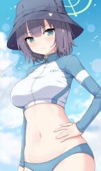 1girl absurdres bikini black_hair black_hat blue_archive blue_bikini blue_eyes blue_sky closed_mouth cloud cowboy_shot crop_top cropped_jacket enru frown halo hand_on_own_hip hat highres jacket long_sleeves looking_at_viewer navel official_alternate_costume saki_(blue_archive) saki_(swimsuit)_(blue_archive) short_hair sky solo stomach swimsuit v-shaped_eyebrows
