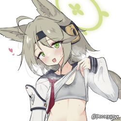 1girl ahoge animal_ears blue_archive blush brown_hair clothes_lift doombreak flat_chest fox_ears fox_girl green_eyes green_halo halo highres long_braid long_sleeves otogi_(blue_archive) school_uniform serafuku shirt_lift simple_background sports_bra steam sweat sweat_stain