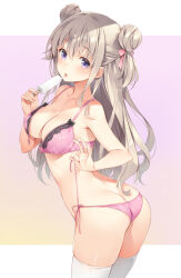 1girl arched_back ass bare_arms bare_shoulders black_bow blush bow bow_bra bra breasts butt_crack cleavage collarbone cowboy_shot double_bun eating food food_on_face from_behind from_side front-hook_bra hair_between_eyes hair_bun hair_ribbon hand_up highres holding holding_food lace lace-trimmed_bra lace_trim leaning_forward light_brown_hair long_hair looking_at_viewer looking_back medium_breasts open_bra otona_no_moeoh panties pink_background pink_bra pink_panties pink_ribbon popsicle purple_eyes ribbon side-tie_panties sidelocks simple_background skindentation solo standing strap_gap string_bra string_panties thighhighs thighs tongue tongue_out twisted_torso two-tone_background unfastened underwear underwear_only untying very_long_hair white_background white_thighhighs yuuki_hagure