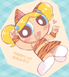 1girl 2022 20s animal_ears animal_print blonde_hair blue_background blue_eyes blush bubbles_(ppg) cartoon_network chibi chinese_zodiac claw_pose fake_animal_ears fang flat_chest hair_bobbles hair_ornament happy_new_year heart highres kinpiro loli looking_at_viewer lying midriff navel new_year open_mouth orange_shirt orange_skirt plump powerpuff_girls print_shirt print_skirt shirt short_hair skirt smile strapless thighhighs tiger_ears tiger_girl tiger_print tube_top twintails white_thighhighs wristband year_of_the_tiger