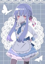1girl 9ra4ki33 absurdres alternate_costume apron black_thighhighs blue_hair blue_necktie blue_skirt blush braid bug butterfly buttons closed_mouth commentary cowboy_shot crown_braid double-breasted enmaided frilled_apron frilled_skirt frills grey_background hair_between_eyes hair_bun hand_on_own_hip hand_up highres insect long_hair long_sleeves looking_at_viewer maid necktie outline red_eyes shirt sidelocks simple_background single_hair_bun skirt smile solo sorakado_ao summer_pockets thighhighs v very_long_hair waist_apron white_apron white_butterfly white_outline white_shirt zettai_ryouiki