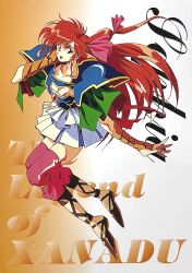 Rule 34 | 1990s (style), 1girl, armor, breasts, bridal gauntlets, character name, cleavage, copyright name, dragon slayer (series), full body, hand on own face, long hair, looking at viewer, miniskirt, non-web source, open mouth, pauldrons, red hair, retro artstyle, shoulder armor, skirt, solo, sophia (legend of xanadu), the legend of xanadu, very long hair