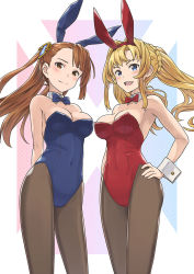 10s 2girls alternate_costume animal_ears arms_behind_back beatrix_(granblue_fantasy) blonde_hair blue_bow blue_bowtie blue_eyes blue_leotard blush bow bowtie breasts brown_eyes brown_hair brown_pantyhose cleavage closed_mouth covered_navel detached_collar errant fake_animal_ears floating_hair granblue_fantasy hand_on_own_hip leotard light_smile long_hair looking_at_viewer medium_breasts multiple_girls neck neck_ribbon off_shoulder open_mouth pantyhose playboy_bunny ponytail rabbit_ears rabbit_tail red_bow red_bowtie red_leotard ribbon standing strapless strapless_leotard tail teeth twintails upper_teeth_only wrist_cuffs zeta_(granblue_fantasy)