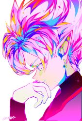 1boy black_bodysuit bodysuit colored_skin dragon_ball dragon_ball_super earrings from_side fused_zamasu green_skin grey_eyes hand_on_own_face jewelry long_sleeves looking_down pointy_ears potara_earrings ring sffuju smile solo spiked_hair white_hair