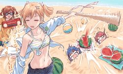 4girls aijou_karen anger_vein ball bare_shoulders beach beachball bikini bikini_top_only black-framed_eyewear black_shoes blonde_hair blue_hair breasts brown_hair bullfalk cleavage collarbone commentary_request daiba_nana flinch food fruit green_bikini hanayagi_kaoruko highres holding_boombox isurugi_futaba jacket jacket_over_swimsuit medium_breasts medium_hair multi-strapped_bikini_top multicolored_bikini multiple_girls navel orange_shirt outdoors partially_buried pink_bikini red_hair scared shirt shoes shoujo_kageki_revue_starlight single_bare_shoulder single_off_shoulder sparkle stomach striped_bikini striped_clothes suikawari sunglasses swimsuit t-shirt twintails two_side_up watermelon white_jacket