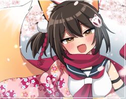 1girl animal_ear_fluff animal_ears blue_archive brown_hair cherry_blossoms cherry_tree detached_collar eyebrows_hidden_by_hair fox_ears fox_tail hair_ornament hairpin halo izuna_(blue_archive) japanese_clothes kimono neck_ribbon nomeshi open_mouth pink_halo pink_kimono print_kimono red_ribbon red_scarf ribbon scarf school_uniform sky sleeveless smile sunlight tail weapon