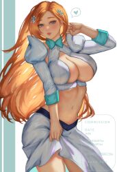 1girl bleach bleach:_sennen_kessen-hen breasts brown_eyes cleavage cleavage_cutout clothing_cutout collarbone detached_sleeves female_focus hair_ornament hairclip inoue_orihime large_breasts light_blush lips long_hair long_skirt midriff navel orange_hair parted_bangs skirt solo watermark wavy_hair weisart20