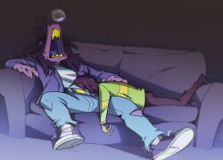 1girl 1other brown_hair colored_skin colored_teeth couch deltarune full_body furry furry_female hand_on_another&#039;s_back highres indoors jacket kris_(deltarune) long_hair lying lying_on_person on_couch on_stomach open_mouth pants pegibruno pink_skin purple_hair purple_jacket purple_shoes sharp_teeth shoes sitting sleeping sneakers snoring squeans susie_(deltarune) teeth torn_clothes torn_pants yellow_teeth