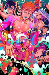 Rule 34 | 1girl, 5boys, absurdres, arrow (jojo), black eyes, black hair, blue lips, blunt bangs, bob cut, brooch, bruno bucciarati, bug, cleavage cutout, clothing cutout, commentary, earrings, english commentary, giorno giovanna, guido mista, gun, hairband, handgun, hat, highres, holding, holding gun, holding weapon, insect, jewelry, jojo no kimyou na bouken, ladybug, large pectorals, leone abbacchio, long hair, multiple boys, narancia ghirga, open mouth, orange hair, orange hairband, parted lips, pectoral cleavage, pectorals, pink lips, purple eyes, purple hair, purple lips, revolver, socks, sparkle, star (symbol), star earrings, stud earrings, tariah furlow, trigger discipline, trish una, vento aureo, weapon, zipper
