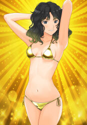 1girl alternate_costume amagami arms_behind_head arms_up bikini black_hair breasts commentary_request curly_hair gold_bikini golden_week highres looking_at_viewer messy_hair navel open_mouth parted_lips revision shiny_swimsuit simple_background small_breasts smile solo sparkle_background stomach string_bikini swimsuit takemi_kaoru tanamachi_kaoru wavy_hair