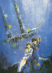 1980s_(style) 1boy 1girl black_hair brown_hair good_end hayase_misa highres ichijou_hikaru jolly_roger jumpsuit landing light long_hair machinery macross macross:_do_you_remember_love? mecha mikimoto_haruhiko military military_uniform mullet official_art oldschool painting_(medium) pilot pointing pointing_up promotional_art radio_antenna retro_artstyle robot rock scan sdf-1 sitting skirt spacecraft star_(symbol) star_symbol_background storm_attacker traditional_media u.n._spacy