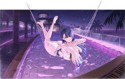 1girl absurdres ass azur_lane barefoot bikini breasts collarbone cup drinking_straw earrings feet gold_bikini hammock highres holding holding_cup jewelry large_breasts leg_up long_hair looking_at_viewer lying mole mole_under_eye mole_under_mouth multicolored_hair night night_sky non-web_source official_alternate_costume official_art on_stomach orange_eyes orange_hair outdoors palm_tree pool purple_hair sky solo star_(sky) streaked_hair swimsuit the_pose thong_bikini trafalgar_(azur_lane) trafalgar_(sea_breeze_moonlit_talks)_(azur_lane) tree