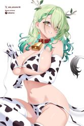 Rule 34 | 1girl, alternate costume, animal print, antlers, bell, bikini, braid, braided bangs, breasts, ceres fauna, cow print, cow print bikini, cow print gloves, cow print thighhighs, cow tail, cowbell, earrings, flower, gloves, green hair, hair flower, hair ornament, highres, hololive, hololive english, horns, jewelry, large breasts, looking at viewer, mole, mole under eye, oioi ainomo, paid reward available, print bikini, print gloves, print thighhighs, simple background, smile, solo, swimsuit, tail, thighhighs, tree horns, untied bikini, virtual youtuber, white background, yellow eyes