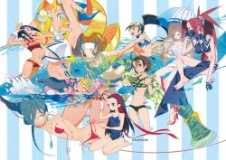 Rule 34 | 6+girls, adapted costume, ahoge, ayuhara natsu, bikini, black hair, blonde hair, blue bikini, blue hair, breasts, brown hair, butterflyfish, camouflage, camouflage bikini, cleavage cutout, clothing cutout, clownfish, commentary request, copyright notice, drill hair, earrings, fish, glasses, gloves, headband, hibiki ran, highres, himezaki aoi, iinchou (justice gakuen), inflatable armbands, innertube, jewelry, justice gakuen, karuizawa momo, kazama akira, kirishima yurika, long hair, mask, minazuki kyouko, multiple girls, necklace, official art, one-piece swimsuit, parasol, parrotfish, ponytail, red bikini, red hair, red sandals, regal blue tang, sandals, second-party source, sidelocks, sleeping, star-shaped pupils, star (symbol), surgeonfish, swim ring, swimsuit, symbol-shaped pupils, take (takegarou), tiffany lords, towel, tropical fish, twin drills, twintails, umbrella, volleyball, wakaba hinata, watermark